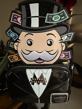 Loungefly Black Mr. Monopoly Character Backpack with Multicolor Money Accents